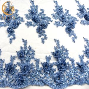 China 3D Embroidery Rhinestone Lace Fabric Handmade Blue African Lace Fabric on sale