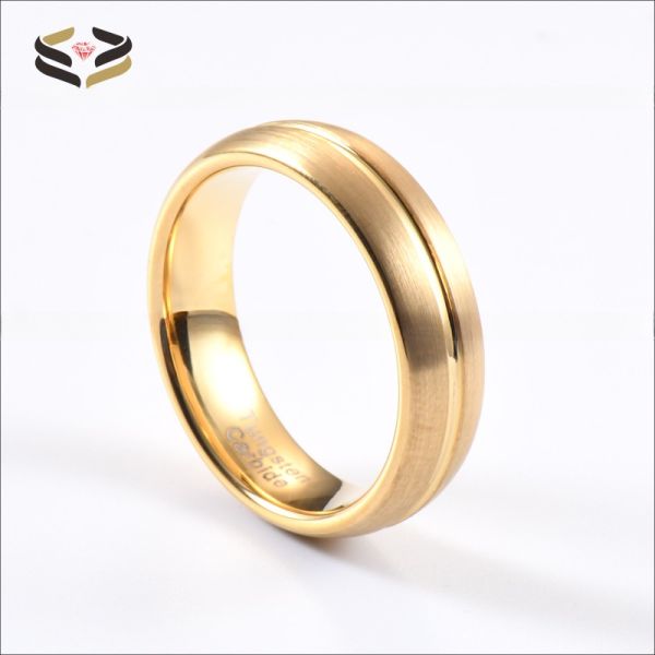 Jewelry Type Rings 18K Gold Plated 6mm Tungsten Wedding Band Ring Grooved Classic Unisex Engagement Gift Men Women