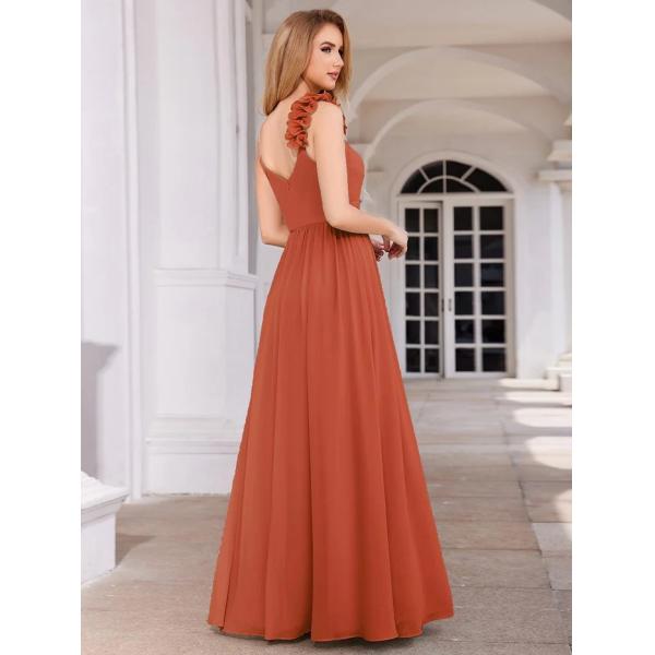 Elegant V-neck Floral Strap Empire A-line Waist Burnt Orange Chiffon Bridesmaid Dress