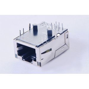 Shielded RoHS Magnetic RJ45 Jack PoE+ 1X1 Tab Up With OG/Y LEDs 0838-1X1T-W6