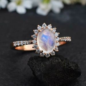Rose Gold Hexagon Shaped Wedding Jewelry Moonstone Engagement Ring
