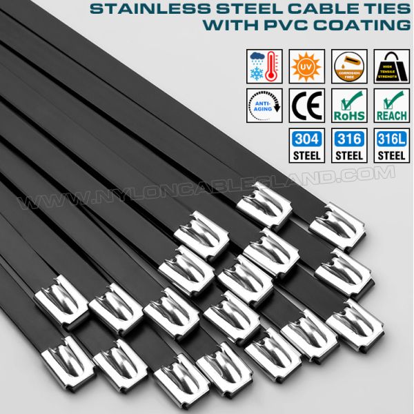 PVC Coated Metal (Stainless Steel) Cable Ties, Version 316L, 316 or 304, L: 200~1100mm x W: 16mm, 200 Lbs, Outdoor Use