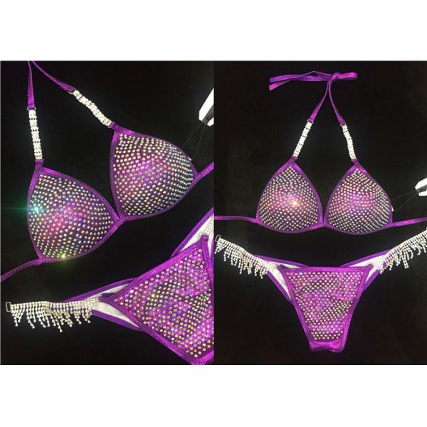 Purple Crystal NPC Bikini Competition Suits Spandex Fabric Beautifully Reflect