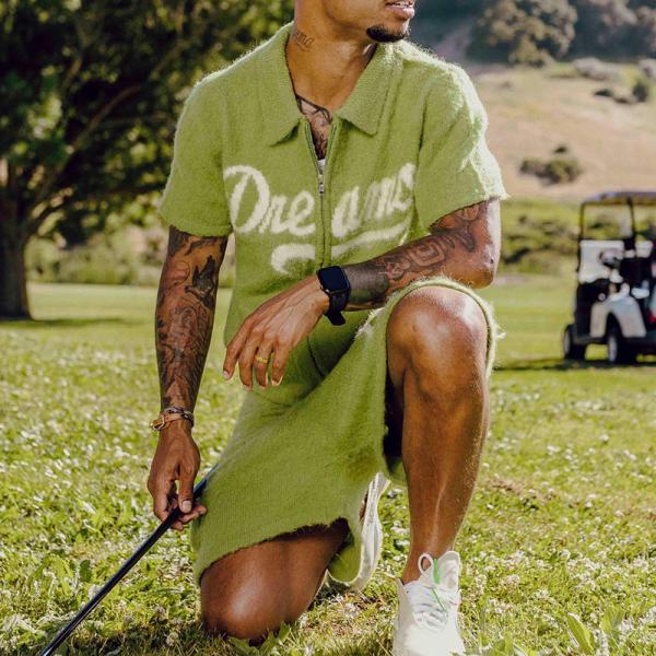 Summer Mohair Zip Up Short Set Tracksuit Matching Polo Shirt And Shorts Customized Color