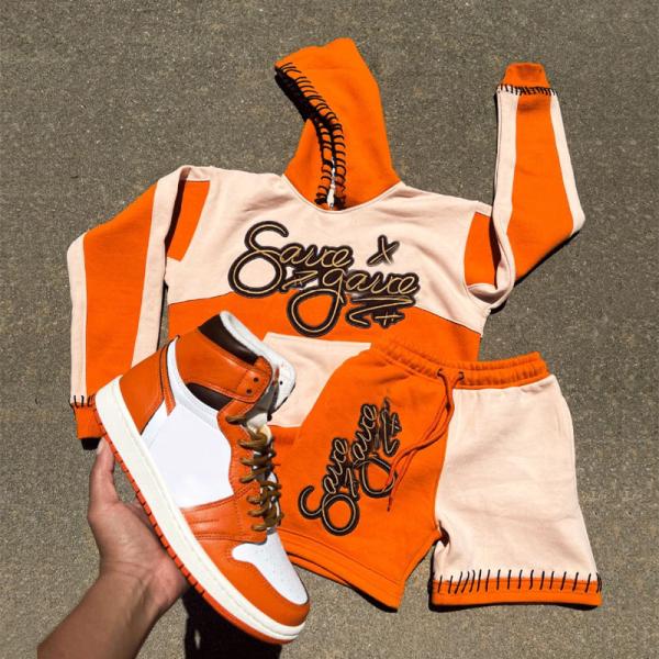 Custom Streetwear Embroidered Patch Logo High Quality Sports Two Piece Set Jogging Tracksuit Shorts Pants and Hoodie Set for Men