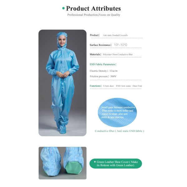 Anti-Static ESD Cleanroom Coverall with Adjustable Waist and Zipper Fasten for Surface Resistance 106-107Ohm