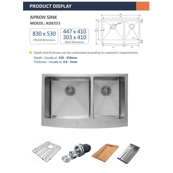 83x53 Apron Stainless Steel Kitchen Sink , 60 40 33 Inch Double Bowl Farmhouse Sink