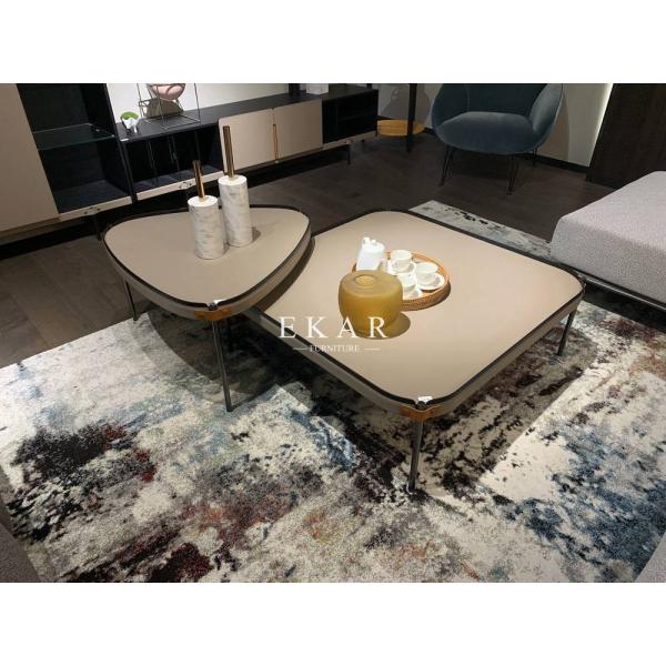 Metal Legs Modern Living Room Wood Leather Coffee Table Set