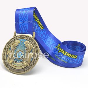 China Kazakhstan 3D antique bronze medals customized, with blue ribbon medal on sale