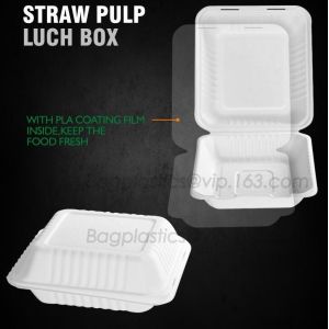 Compostable Clamshell Take Out Food Containers, Natural Disposable Bagasse, Eco