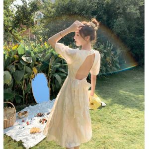 Back Tie Bow Waist Puff Sleeve A Line Dress