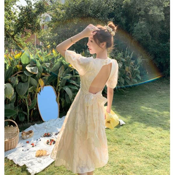 Buy Back Tie Bow Waist Puff Sleeve A Line Dress at wholesale prices