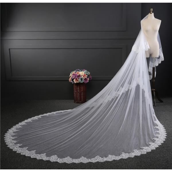 Unique Customized 3.5m*3m Wholesale Long Cathedral Appliqued Lace Two Layers Tulle Bridal Wedding White Veil With Hair C