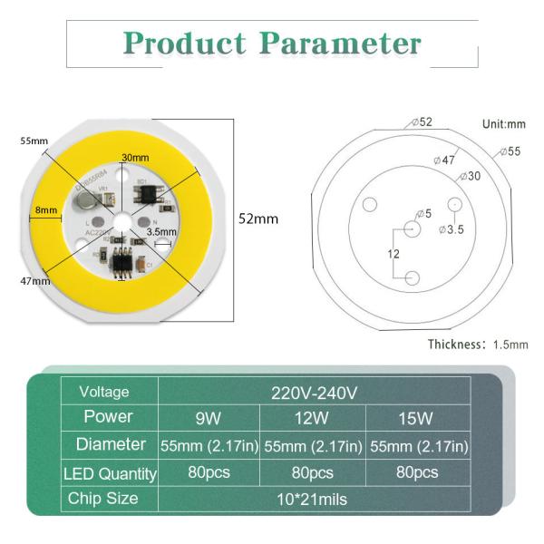 220V AC COB LED Chip High Brightness 12W 15W Warm LED Module