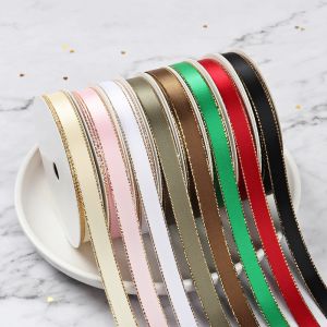 Ribbon Red Single Side Ribbon Packaging for Gift Gold/Silver Glitter Edge Satin