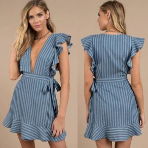 Sexy Deep V Neck Ladies Ruffles Wrap Dress Mini