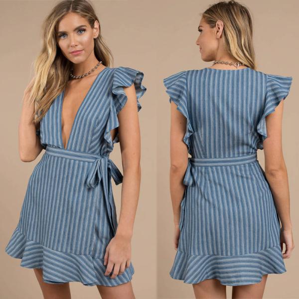 Buy Sexy Deep V Neck Ladies Ruffles Wrap Dress Mini at wholesale prices