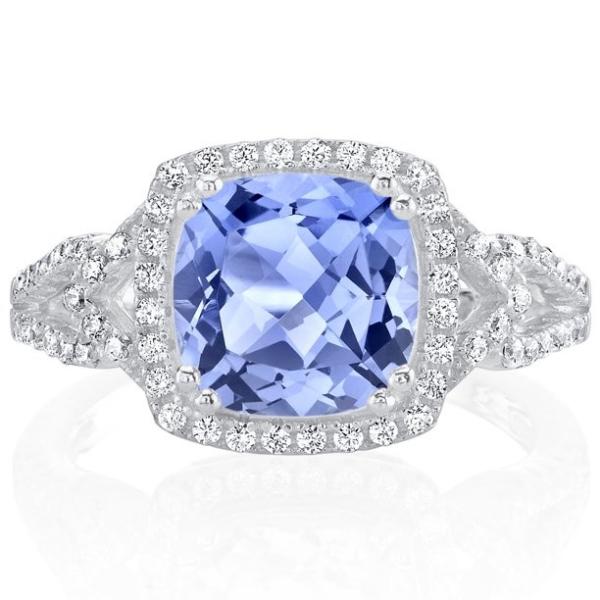2 ct Cushion Cut Tanzanite Halo Ring in Sterling Silver - Handmade Wedding Ring