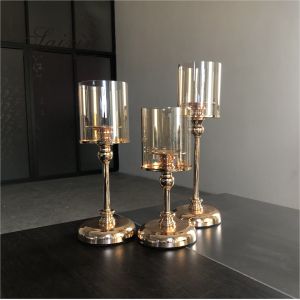 Gold Metal Candle Holder Centerpiece Set Candlestick Champaign Glass Tube