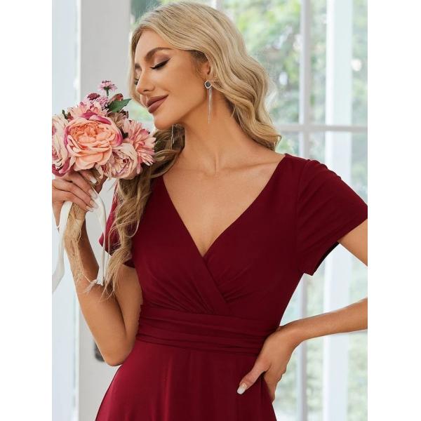 Sexy Custom Size V-neck Simple Pleated Empire Waist A-line Short Sleeve Burgundy Satin Bridesmaid Dress