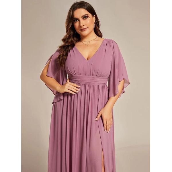 Empire Plus Size V-neck Ruffled A-line Invisible Zipper Half Flutter Sleeves Purple Orchid Chiffon Evening Dress