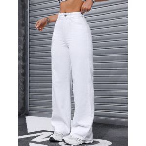 White high-waisted straight-leg jeans for women