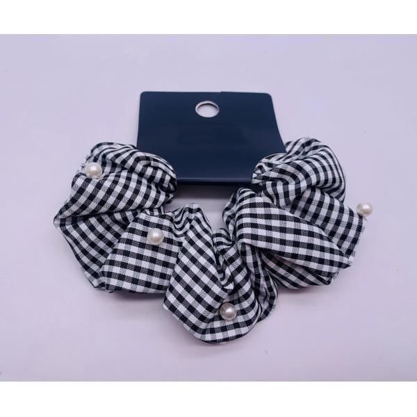 Buy Plaid Rubber Fabric Hair Accessories Scrunchies With White Pearls at wholesale prices