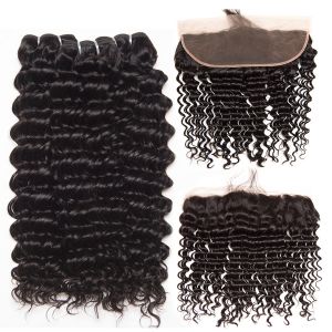 Deep Wave Peruvian 100 Remy Human Hair Weave Bundles With Frontal No Shedding