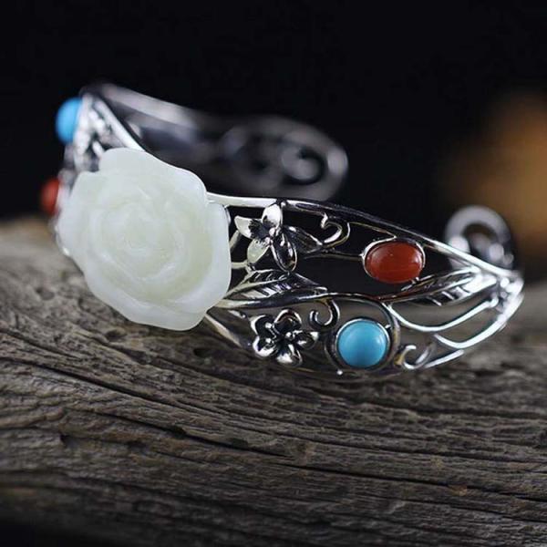 Women 925 Sterling Silver Sculptured White Jade Cuff Bracelet(059489)