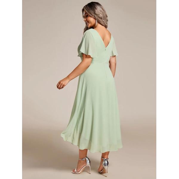 Empire Plus Size V-neck High-low A-line Short Sleeve Ruffled Mint Green Chiffon Wedding Guest Evening Dress