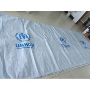 Quality 1000D / 12*14 black fiber with white color coating UNHCR tarpaulin sheet, printed logo tar for sale