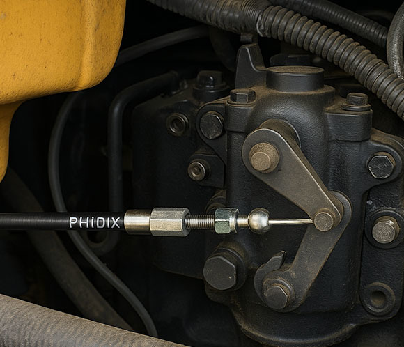 Phidix pull-only cable installed for diesel fuel pump shutoff lever in agricultural engine bay