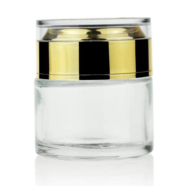 Buy High White 50g Frosted Glass Cream Jar With Luxury Acrylic Gold Lid at wholesale prices