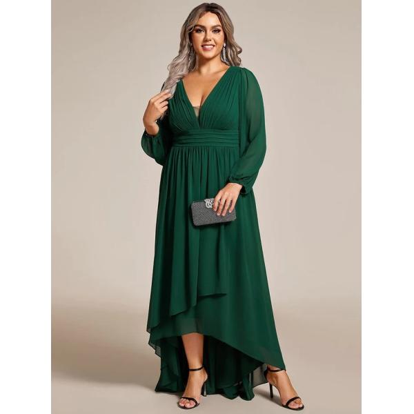 V-neck Plus Size Enchanting Lotus Leaf Lantern Sleeve Pleated Empire High Waist A-line Dark Green Chiffon Prom Dress