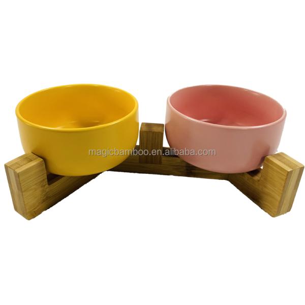 Sustainable Bamboo 2 In 1 Design Sturdy Anti-Rollover Pet Dog Bowl Holder for Your Living Room