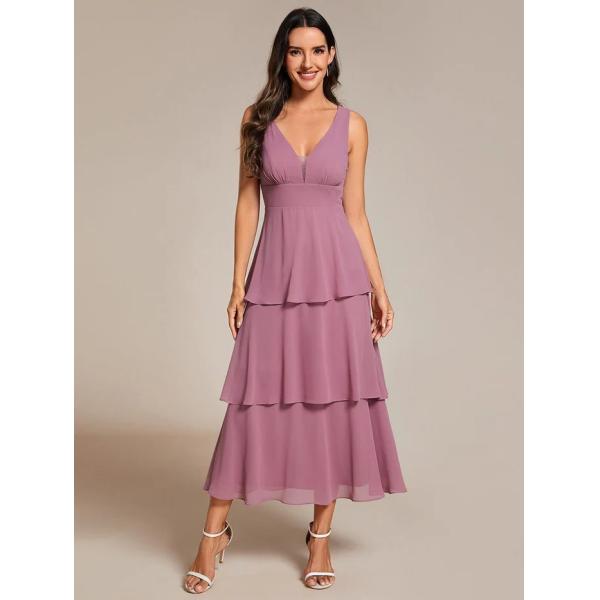Multi-layered Hem V-neck Sleeveless A-line Purple Orchid Chiffon Wedding Guest Dress Graduation Dresses