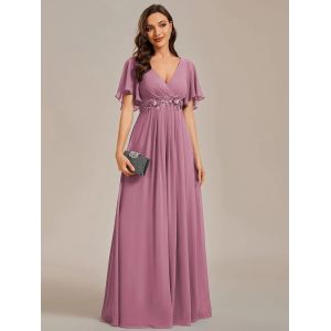 Sexy Empire Applique A-line Short Flutter Sleeves V-neck Invisible Zipper Black