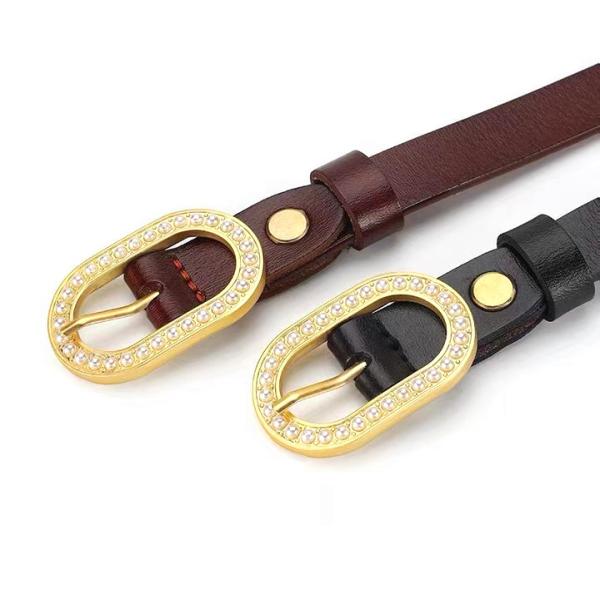 Feather Edge Adjustable Size Fashion Ladies Split Leather Belt Pearl Stone Buckle