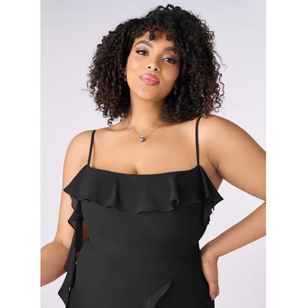 Excellent Plus Size Black Chiffon Bridesmaid Dress Sheath Spaghetti Straps Ruffles Backless Straight Front Split Slit