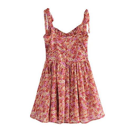 French Sweat Floral Lace Up Suspender Dress Slimming Sexy Backless Short Skirt