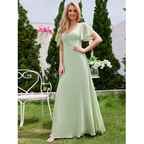 A-line V-neck Pleats Ruffle Cap Sleeves Mint Green Chiffon Bridesmaid Dress