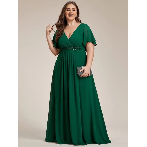 Empire Plus Size Applique Short Sleeve A-line V-neck Flutter Sleeves Invisible Zipper Dark Green Chiffon Bridesmaid Dres
