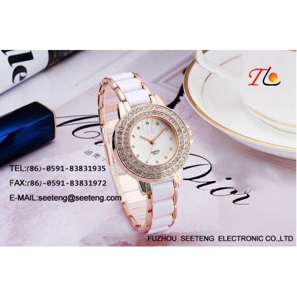 elegant ladies watch wrist watch with lots of diamonds ceramic and alloy strap