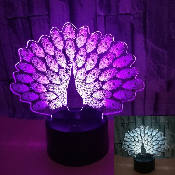 New peacock 3D night light Colorful touch LED visual Gift decoration atmosphere