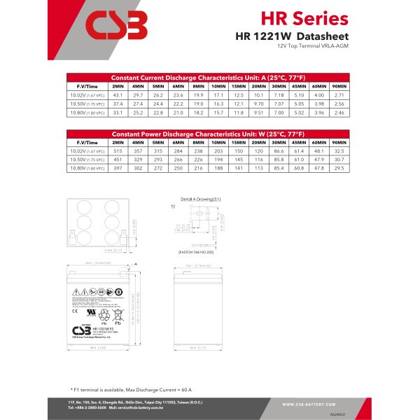 CSB Battery HR1221W 12V 21W High Performance Rechargeable Lead-Acid Dry Batteries for Electric Power