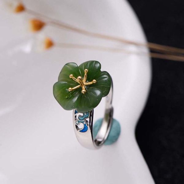 925 Sterling Silver Enamel Natural Jade Ring Open Adjustable Size (059613)