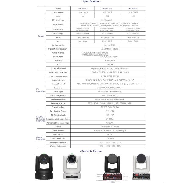 Video Output DP-UHD800 4K60 UHD NDI HX3 PoE HD-MI Dual 3G-SDI 12G-SDI IP PTZ Camera