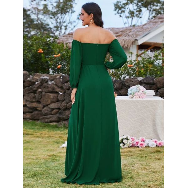 Plus Size Ruffled Long Sleeve High Slit Off-shoulder High Slit Dark Green Chiffon Graduation Dress
