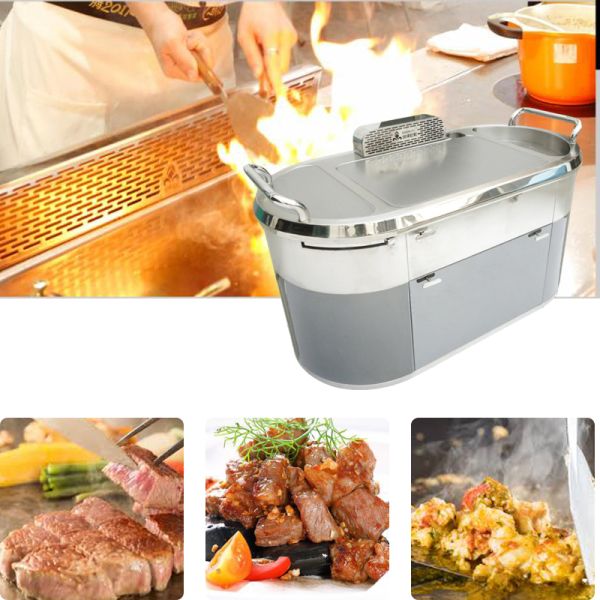 Electromagnetic Mobile Teppanyaki Grill Table Stainless Steel Smoke Down Exhaust