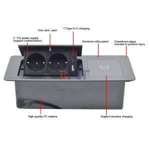 Wireless Charging Power Socket Box Pop-up Electrical 2-Outlet Table with USB A+C